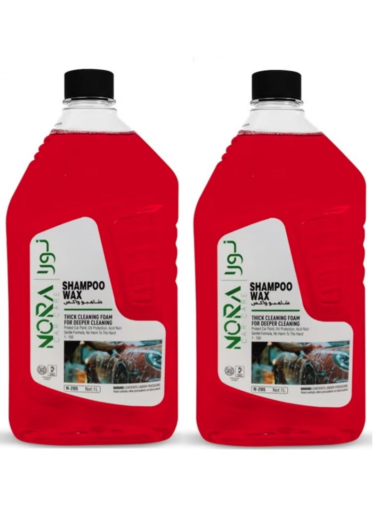 NORA Car Care Shampoo Wax N-205 – 1L (Pack of 2), High Foam Car Wash Shampoo with Wax Protection, pH Balanced, UV Protection, Lemon Fragrance, Safe for Paint, Plastic, Vinyl & Tires, Thick Foaming Formula for Deep Cleaning & Glossy Shine - Image 1